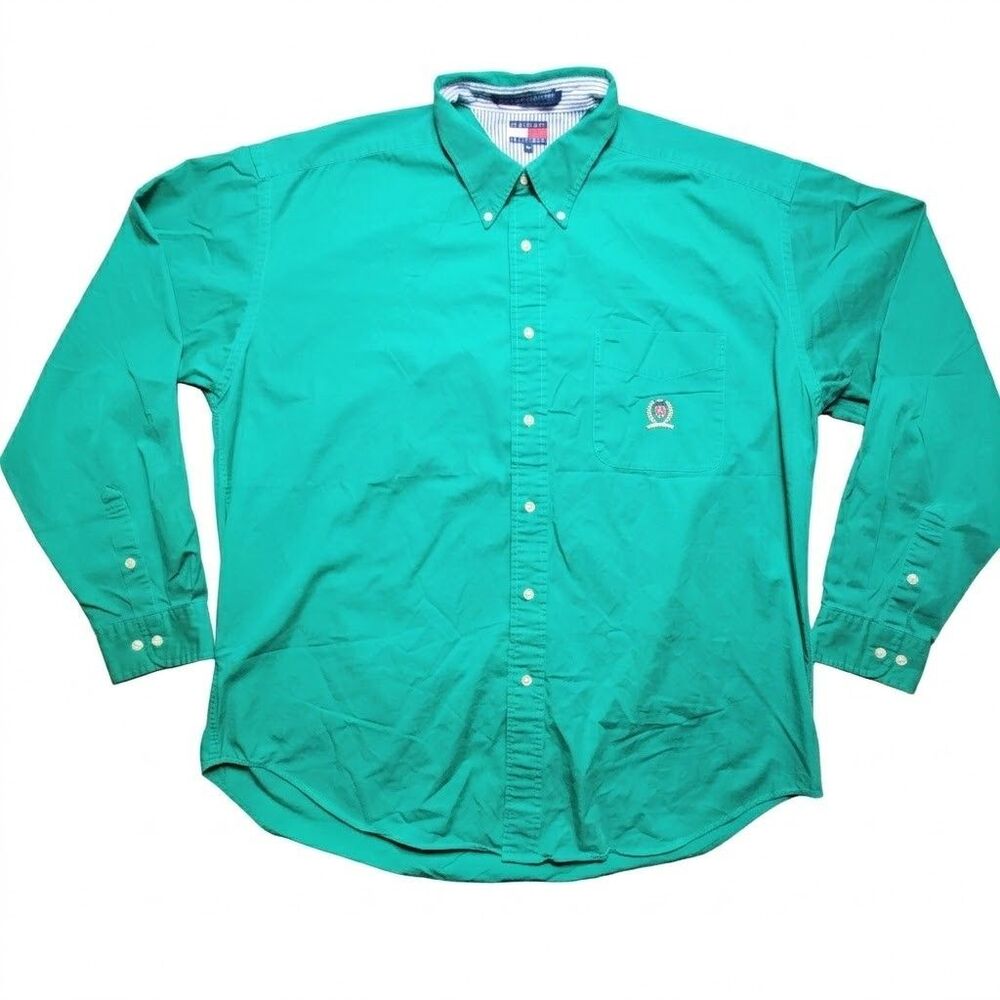 Tommy Hilfiger Button Down Shirt Men XL Green Crest Logo Long Sleeve Cotton